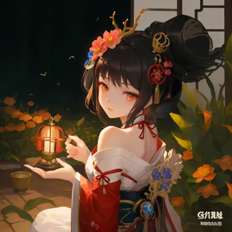 ，Birdcage and flowers, royal palace ， A girl in Hanfu, a beautiful fantasy empress, ancient chinese princess, guviz style artwor...
