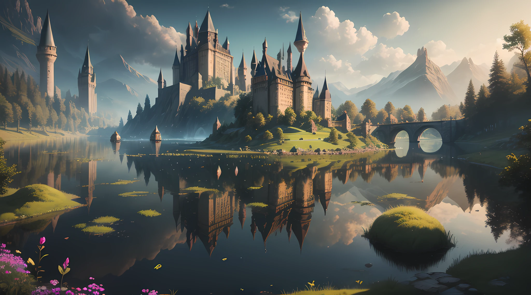 Fairy Tale AI City、masterspiece、trending、8K, Hogwarts-inspired city、lake、grass field、University City、Fantasy movie universe、beautiful detailed city, high resolution,