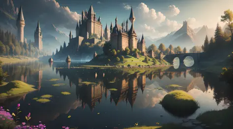 Fairy Tale AI City、masterspiece、trending、8K, Hogwarts-inspired city、lake、grass field、University City、Fantasy movie universe、beau...