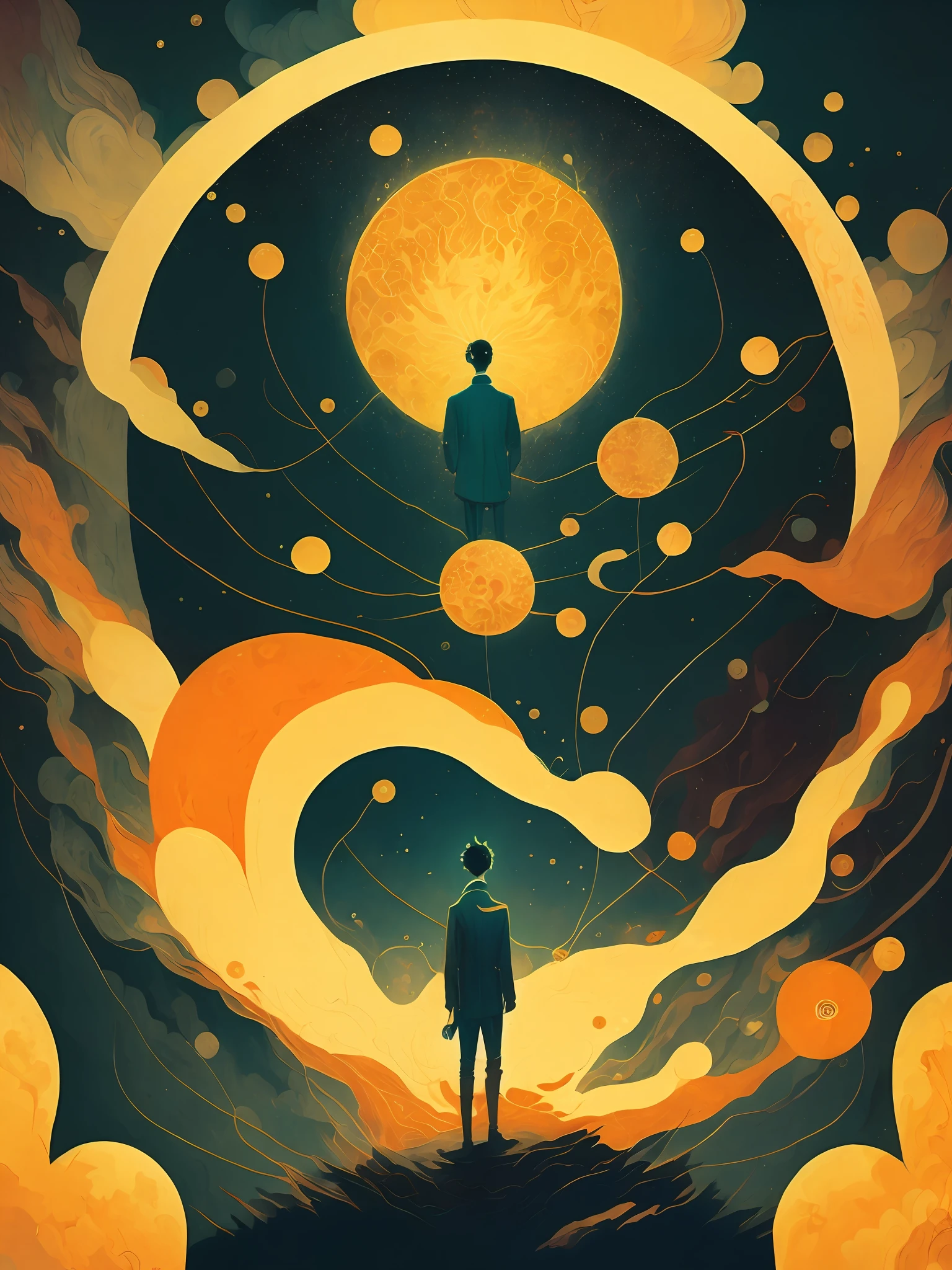 uma pintura de um homem parado em frente a um sol gigante com fumaça saindo dele, de Victo Ngai