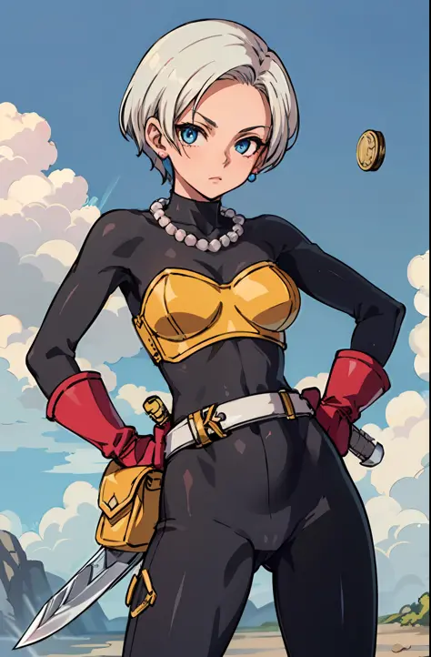 (masterpiece, best quality:1.1), thief (dq3), 1girl, solo, short hair, white hair, blue eyes, medium breasts, pink gloves, jewelry, pearl necklace, earrings, belt, sword, yellow breastplate, black bodysuit, bag, (coin, sword on hip:1.2), (blue skies, natur...