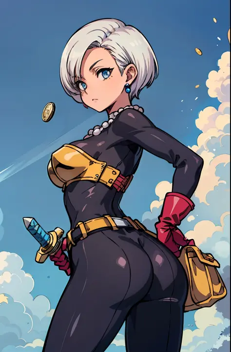 (masterpiece, best quality:1.1), thief (dq3), 1girl, solo, short hair, white hair, blue eyes, medium breasts, pink gloves, jewelry, pearl necklace, earrings, belt, sword, yellow breastplate, black bodysuit, bag, (coin, sword on hip:1.2), (blue skies, natur...