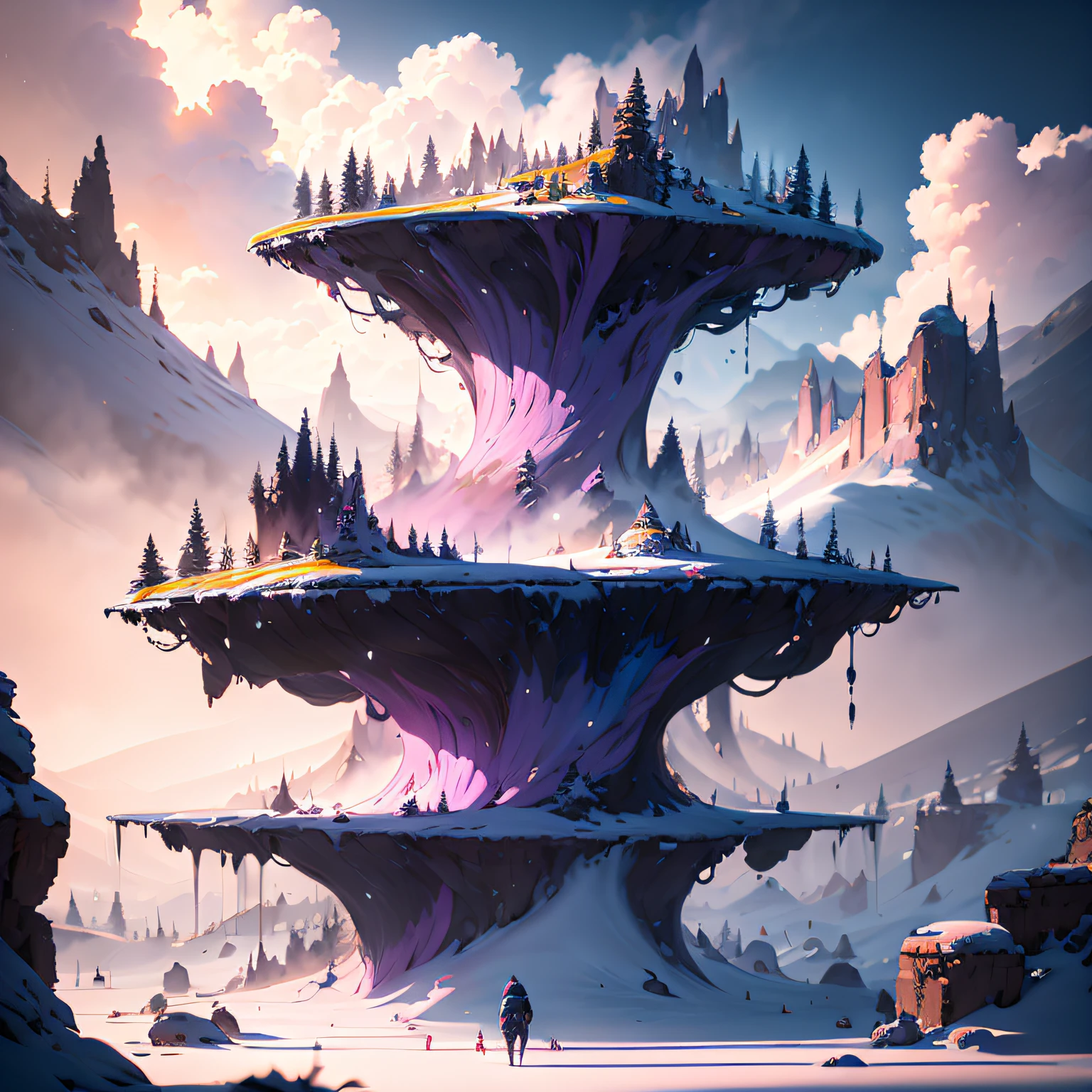 Wonderland，Cloud Mountain，Blizzard，Giant purple-pink tree，The mist was everywhere，电影光感，The perspective is exaggerated，Cobalt blue sky background，（Giant purple-pink tree）Delicate semi-realistic，raytraced，high-definition，Detail portrayal，The texture is delicate，Complex details，The high-contrast，Panorama composition，Perfect light and shadow，unrealengine，CG rendering，The ultra-great resolution，8K HD，（（（杰作））），（（（best qualitiy））（Ultra detailded）（Detailed lighting）（（unexpressive））（杰作）（best qualitiy）（Ultra detailded）（Detailed light）