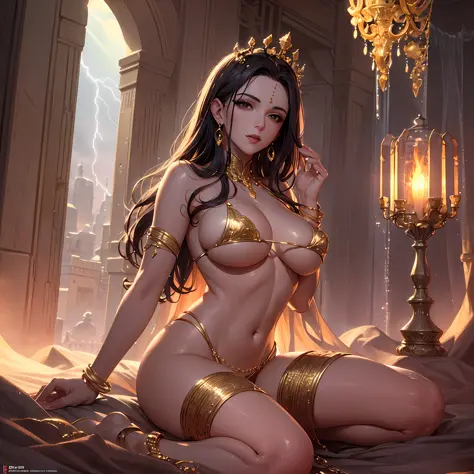 Dejah Thoris, the princess of Mars, poses gracefully in the Martian desert, with ancient pyramids and sunrays behind her. Her eyes, face and skin are exquisitely detailed, reflecting her royal heritage and exotic beauty. Her body is slender and voluptuous,...