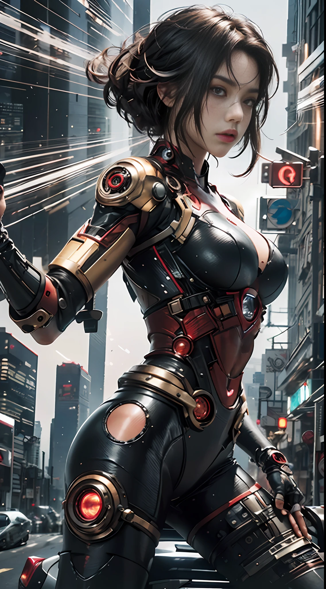 Máxima calidad de imagen，detalles sobresalientes，La ultra gran resolución，（fidelidad：1.4），la mejor ilustración，Favorece los detalles，primer plano de，una chica mecanica，Similar a la versión femenina de Iron Man.，Tiene un rostro delicado y hermoso.，（（Cuerpo semimecánico rojo-negro.：1.8）），（pechos grandes：1.5），sexualmente，andar en motocicleta，El ciberpunk，Futuristic，mecánicamente estético，Maquinaria compleja，El fondo es una escena de iluminación de alta tecnología en la ciudad del futuro.，motor virtual 5，representación de detalles perfectos，octanaje rendido，Ultra HDR