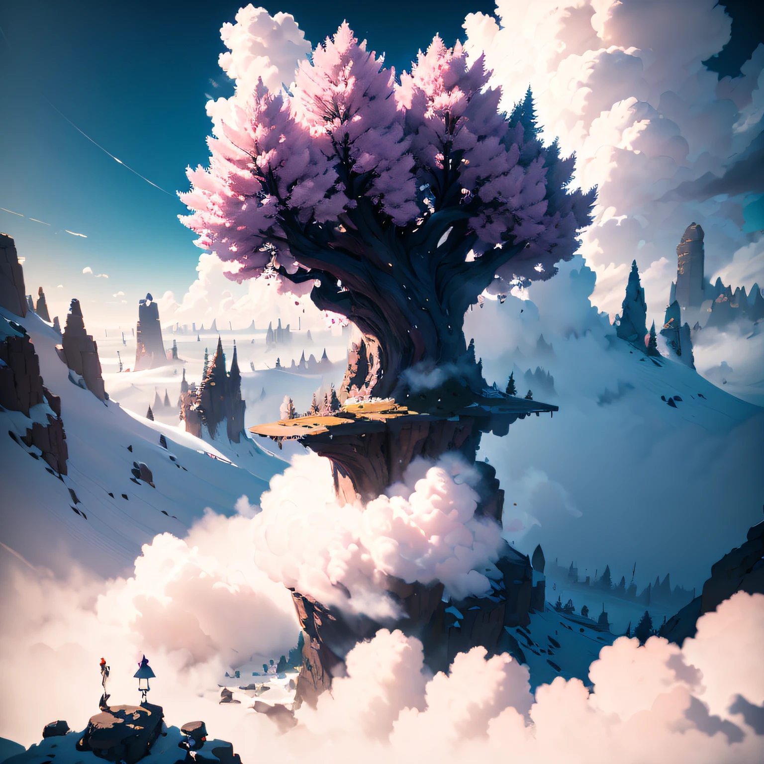 mundo maravilloso，Gran árbol morado sobre una nube，tormenta de nieve，Árbol gigante de color rosa púrpura，La niebla estaba por todas partes，Percepción de la luz cinematográfica，La perspectiva es exagerada，Fondo de cielo azul cobalto，（Árbol gigante de color rosa púrpura）Delicado semi-realista，trazado de rayos，alta definición，Representación detallada，La textura es delicada，detalles complejos，El alto contraste，Composición panorámica，luz y sombra perfectas，motor irreal，Representación generada por computadora，La ultra gran resolución，8k de alta definición，（（（obra maestra））），（（（la mejor calidad））（Ultra detallado）（luz detalladaing）（（inexpresivo））（obra maestra）（la mejor calidad）（Ultra detallado）（luz detallada）