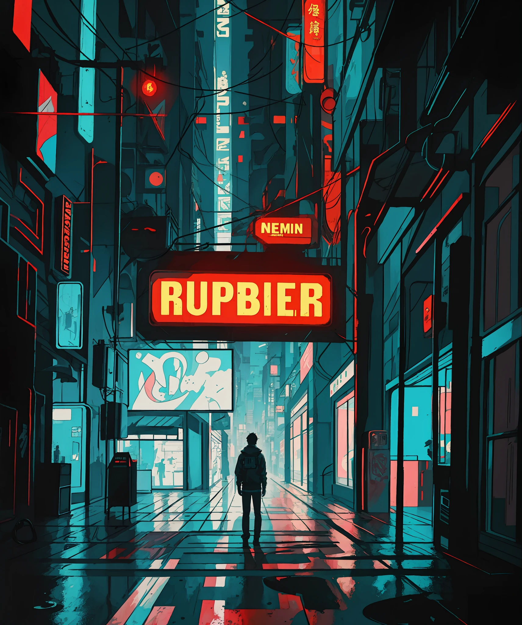 há um homem parado em frente a um letreiro de neon em um prédio, Arte diario de Besouro, cyberpunk estético, Artem Demura Besouro, Besouro. hiperrealismo, cyberpunk estético, cenário neon chuvoso cyberpunk, Besouro |, Estilo cyberpunk hiperrealista, Ilustraciones de Besouro, atmosfera escura de néon cyberpunk, Vibrações de Blade Runner