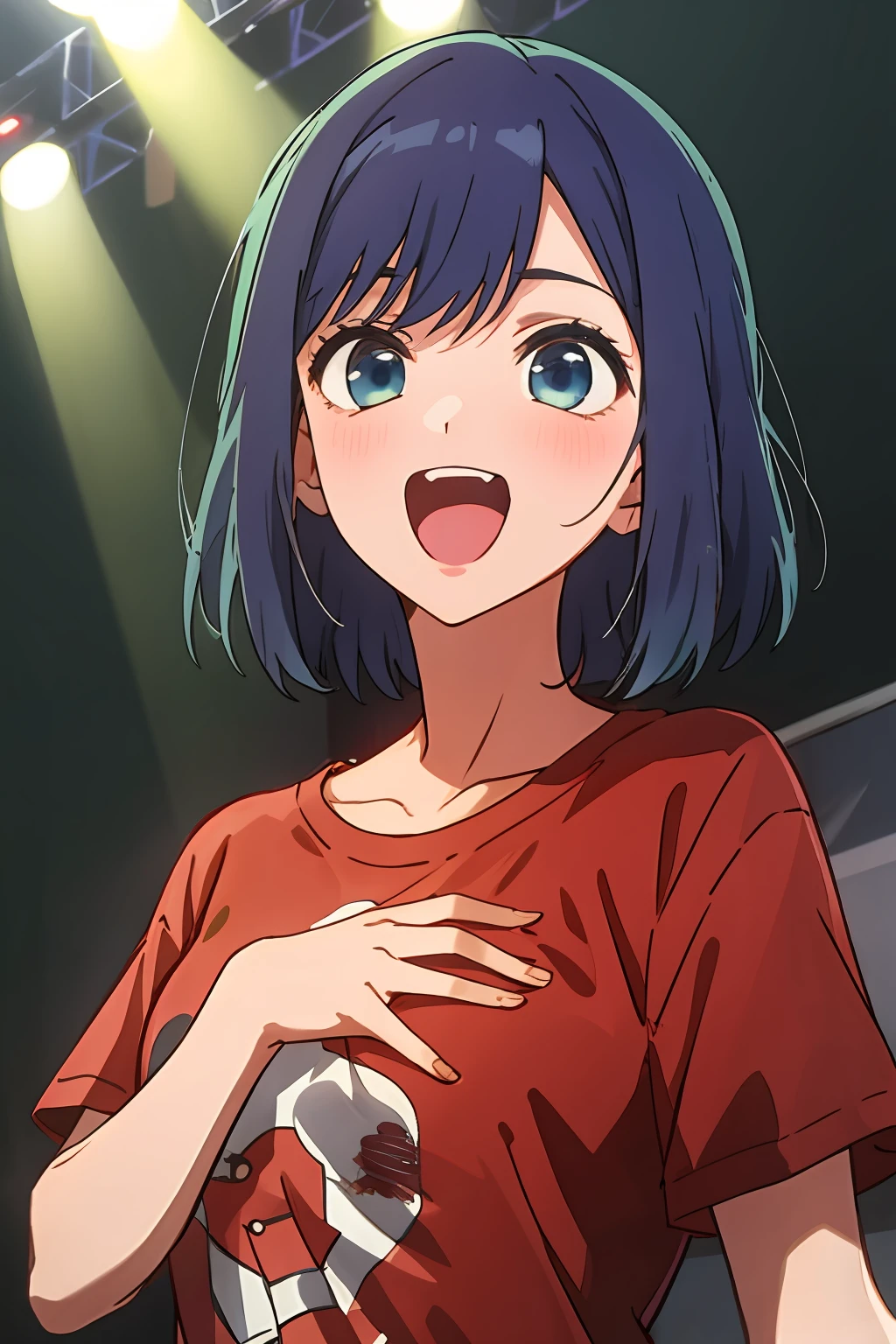 masterpiece, best quality, kurokawa_akane, 1girl, solo, open_mouth, shirt, collarbone, upper_body, short_sleeves, teeth, hand_on_own_chest, t-shirt, red_shirt, stage, concert