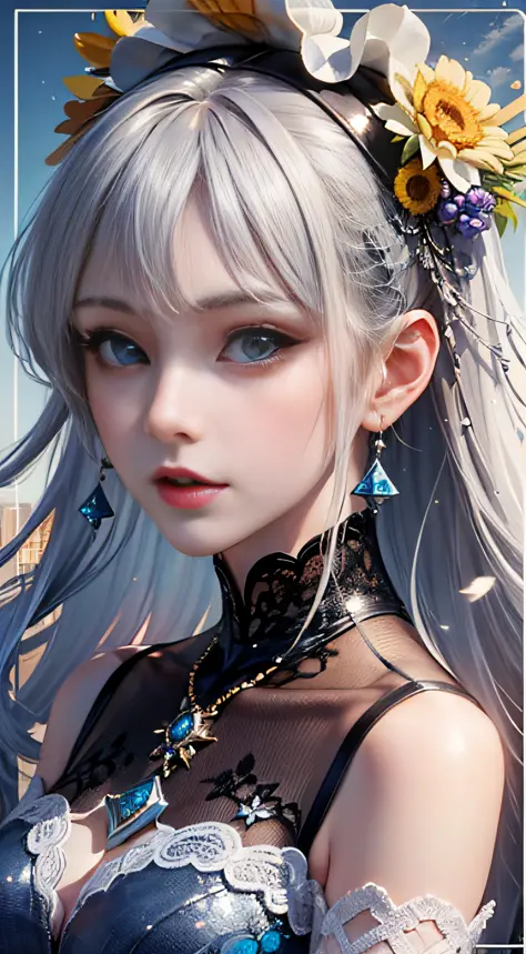 Ultra high quality，8K，1girls，Wang Zhaojun，Silvery hair，Close-up of the head,laced dress，sun is shining，fresh flowers，sun is shining，with vibrant colors