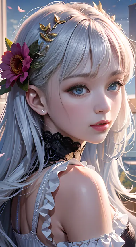 Ultra high quality，8K，1girls，Wang Zhaojun，Silvery hair，Close-up of the head,laced dress，sun is shining，fresh flowers，sun is shining，with vibrant colors