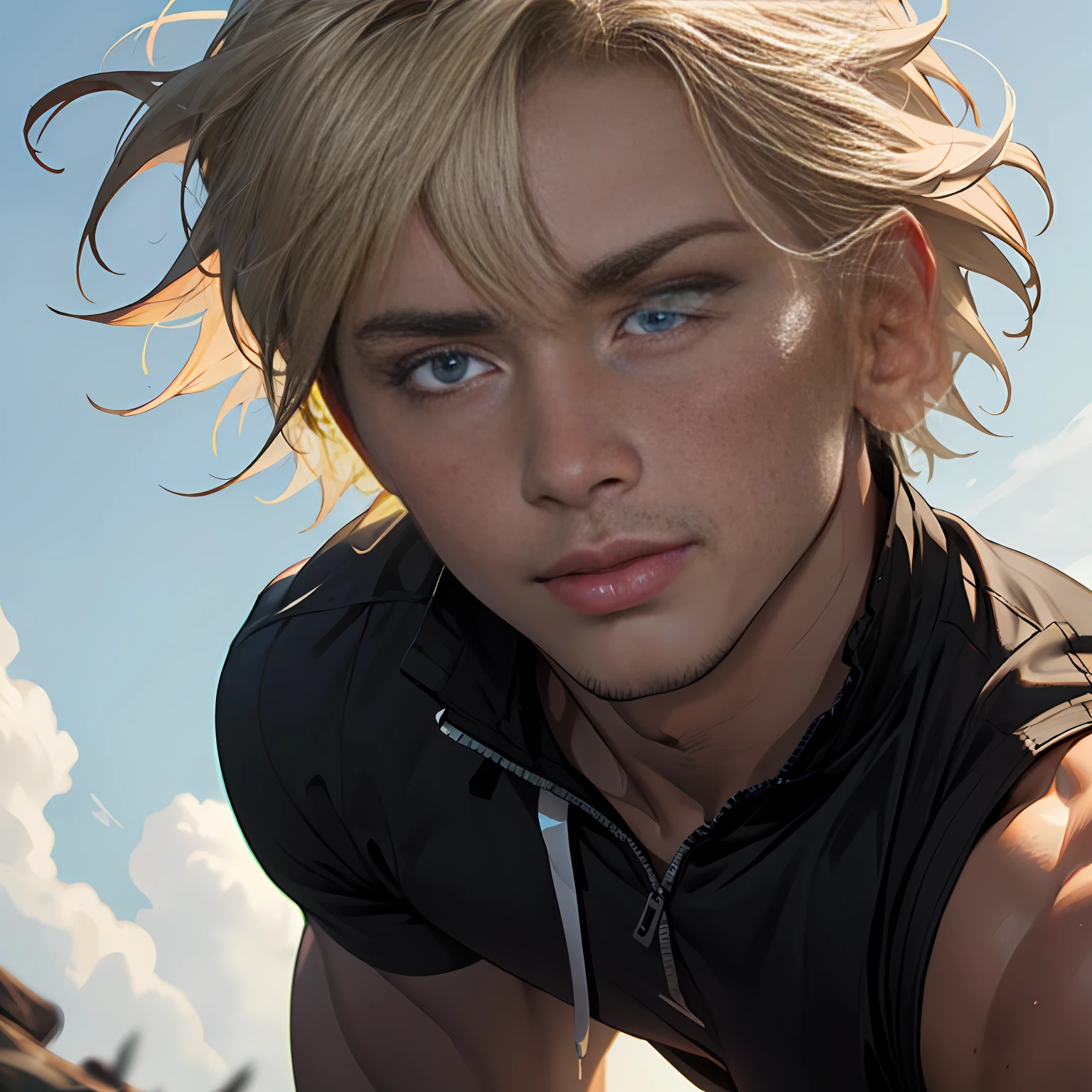 (RAW photo, best quality), (realistic, photo-realistic:1.3), masterpiece, an extremely manly and masculine, extremely detailed, CG, unity , 2k wallpaper, Amazing, finely detail, extremely detailed CG unity 8k wallpaper, huge filesize, ultra-detailed, highres, absurdres, soft light, blonde, bangs between eyes,messy hair, pietroboselli person, tan skin, detailed fingers, extremely detailed blue eyes and face, beautiful detailed nose, beautiful detailed eyes, light on face, looking at viewer, (1boy, young face), realistic face, realistic body, short shorts, shirtless, big bulge on shorts, big rounded ass