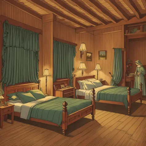 a storybook illustration、Inside the inn、２Lined wooden beds、a Pretty、colored illustration、Colorful colors、18th century France、Gloomy night、