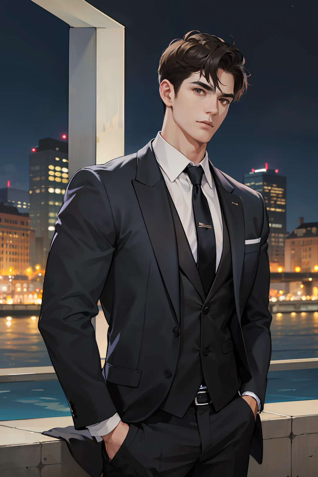 (absurdres, highres, ultra detailed, realistic, ), 1 male, solo, adult, mature, tall muscular guy, broad shoulders, handsome, very short hair, black hair, brown eyes, angular jaw, thick neck, thick eyebrows, night, dark, the night view of the city background, formal suit, necktie, upper body