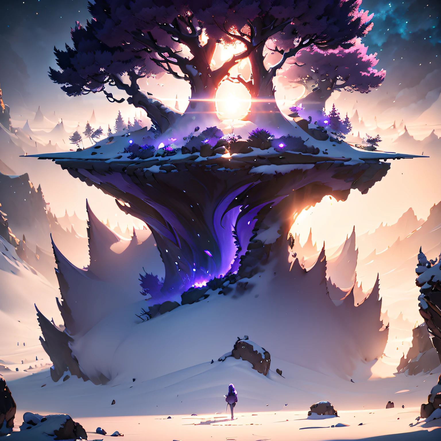 Outer space area，Large purple tree on a cloud，Blizzard，Giant purple-pink tree，The mist was everywhere，电影光感，The perspective is exaggerated，Cobalt blue sky background，（Giant purple-pink tree）Delicate semi-realistic，raytraced，high-definition，Detail portrayal，The texture is delicate，Complex details，The high-contrast，Panorama composition，Perfect light and shadow，unrealengine，CG rendering，The ultra-great resolution，8K HD，（（（杰作））），（（（best qualitiy））（Ultra detailded）（Detailed lighting）（（unexpressive））（杰作）（best qualitiy）（Ultra detailded）（Detailed light）