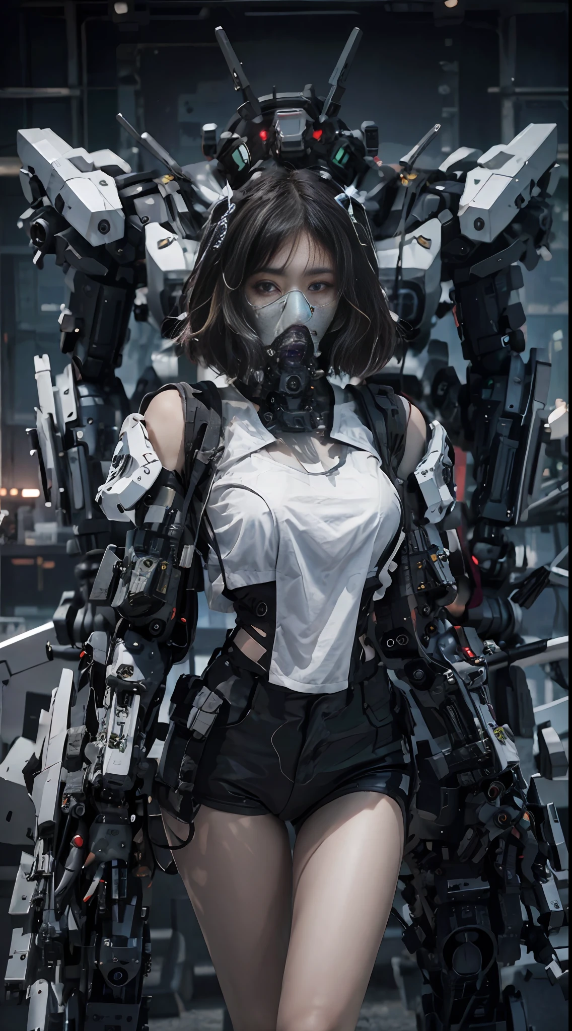 Dies ist ein CG Unity 8k Wallpaper mit ultra-detaillierten, hochauflösend und in Top-Qualität im Cyberpunk-Stil, dominiert von Schwarz und Rot. In dem Bild, ein schönes Mädchen mit weißen, unordentlichen kurzen Haaren, ein zartes Gesicht, trägt eine Dampf-Mecha-Maske, auf den Ruinen stehen, hinter ihr ist ein riesiger Roboter, und die Aktion einer Frau, die ein schweres Scharfschützengewehr in der Hand hält,