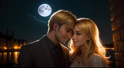 sexly，European and American couples, Blonde hair, Light brown hair, Smile, first person point of view, Eye level shots, Verism, viewfinder, Textured skin ，Full moon in the background --auto