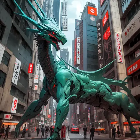 There is a huge purple alien in the city, giant anime mecha, in neotokyo, hyperrealistic photo of rayquaza, masterpiece work of ...