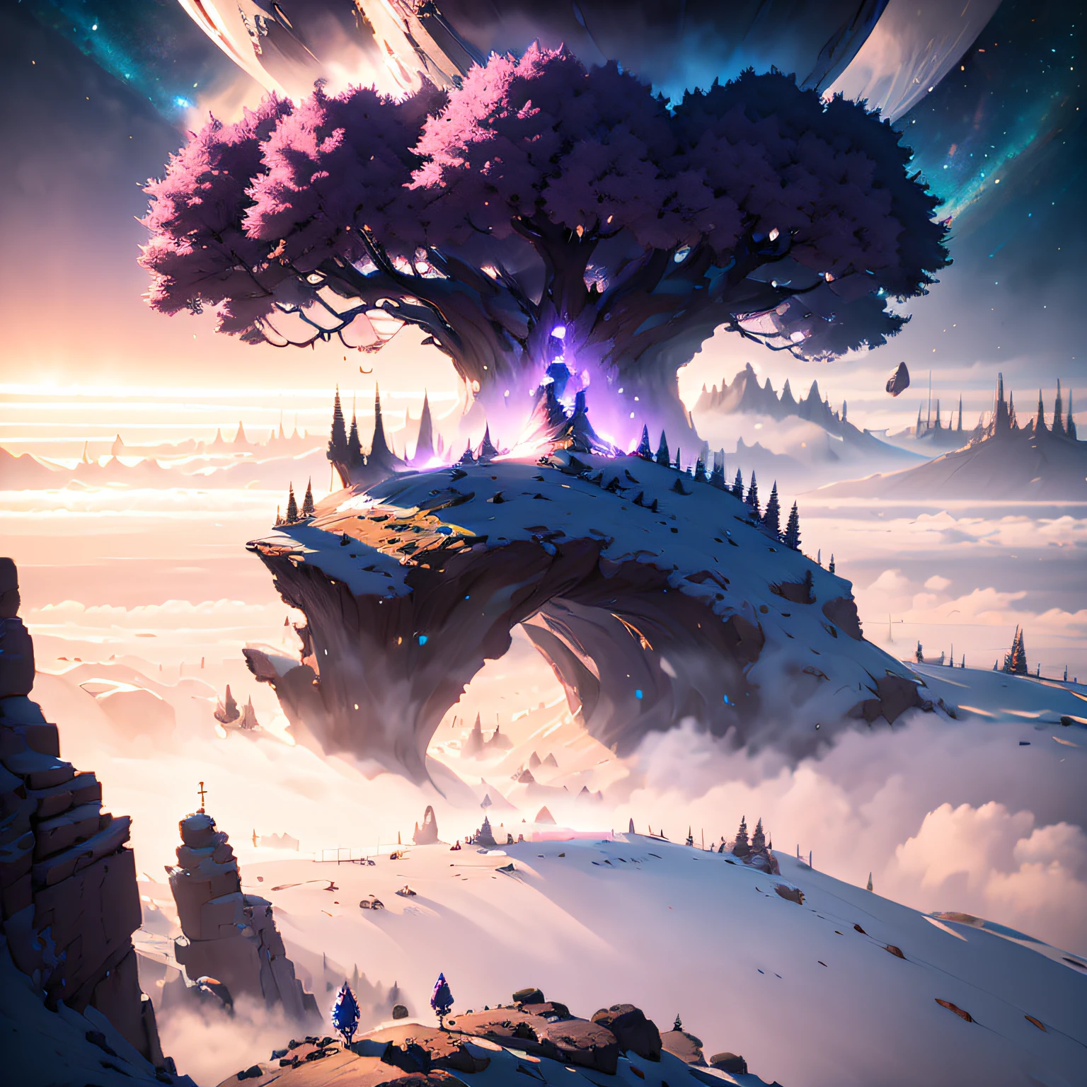 Outer space area，Large purple tree on a cloud，The mist was everywhere，电影光感，The perspective is exaggerated，Cobalt blue sky background，（Giant purple-pink tree）Delicate semi-realistic，raytraced，high-definition，Detail portrayal，The texture is delicate，Complex details，The high-contrast，Panorama composition，Perfect light and shadow，unrealengine，CG rendering，The ultra-great resolution，8K HD，（（（杰作））），（（（best qualitiy））（Ultra detailded）（Detailed lighting）（（unexpressive））（杰作）（best qualitiy）（Ultra detailded）（Detailed light）