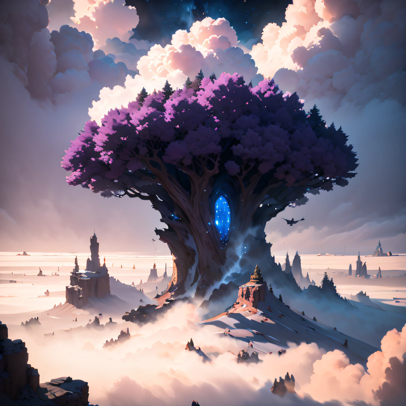 Outer space area，Large purple tree on a cloud，The mist was everywhere，电影光感，The perspective is exaggerated，Cobalt blue sky background，（Giant purple-pink tree）Delicate semi-realistic，raytraced，high-definition，Detail portrayal，The texture is delicate，Complex details，The high-contrast，Panorama composition，Perfect light and shadow，unrealengine，CG rendering，The ultra-great resolution，8K HD，（（（杰作））），（（（best qualitiy））（Ultra detailded）（Detailed lighting）（（unexpressive））（杰作）（best qualitiy）（Ultra detailded）（Detailed light）