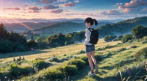 The vast sky, beautiful skyline, large grasslands, extremely tense and dramatic pictures, moving visual effects, high hanging Polaris, colorful natural glare. A girl in a long-sleeved top and denim shorts with a side backpack --auto