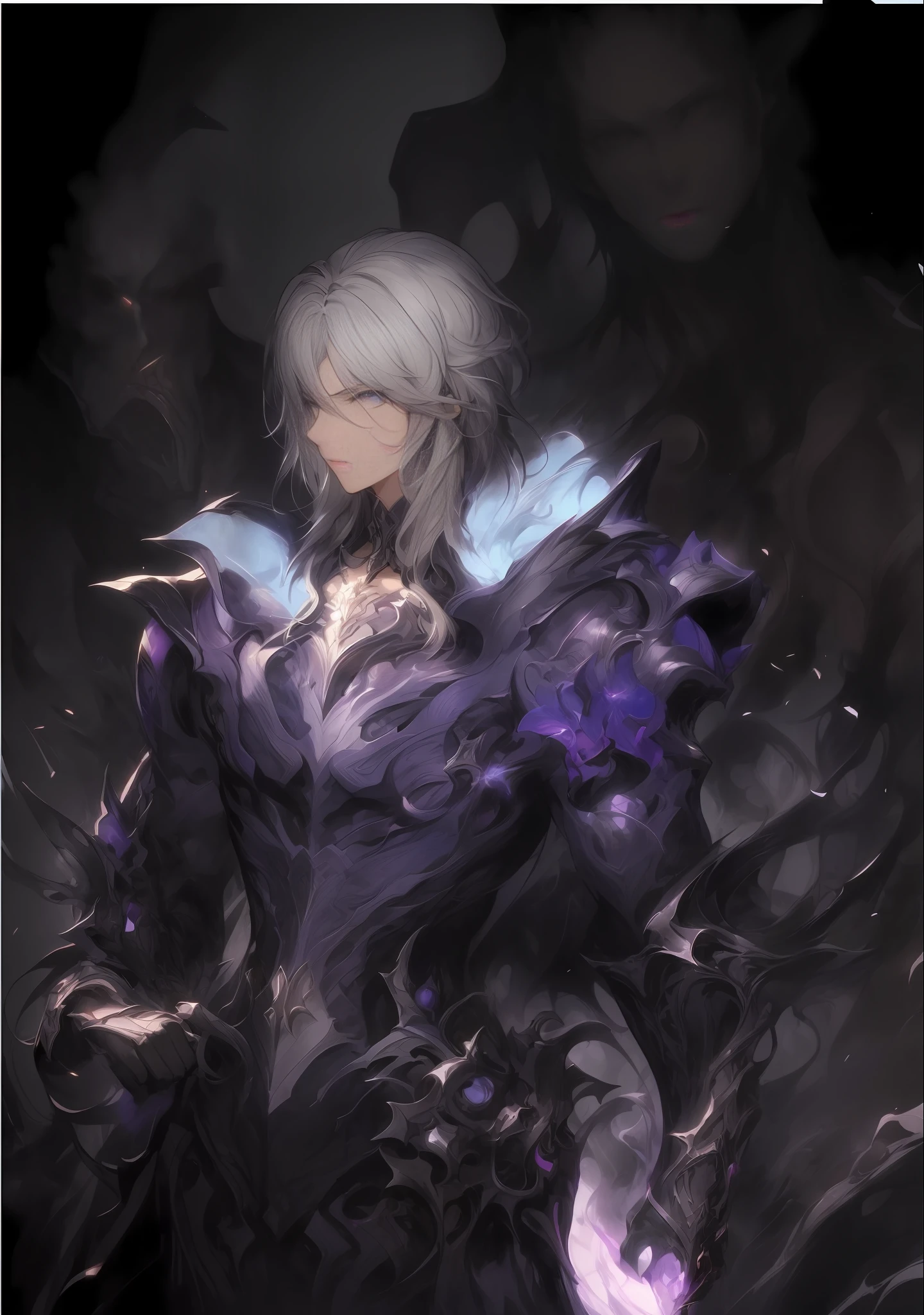 anime - image de style d&#39;un homme aux cheveux blancs et à la tenue violette, par Yang J., style shadowverse, De Lignée 2, fanart exquis très détaillé, illustration de Shigenori Soejima, portrait de dragon, concept de personnage shadowverse, art de personnage épique et exquis, ( ( personnageconcept art ) ), Art animé numérique détaillé, un paladin mâle humain, Je vais