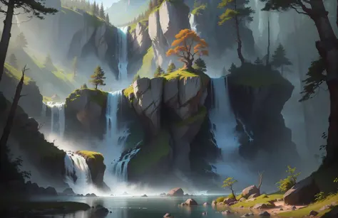 There is a waterfall in the middle of the forest，There is a stream, highly realistic concept art, forest and waterfall, andreas rocha style, 8K high quality detailed art, Unreal Engine fantasy art, 4k highly detailed digital art, 8 k resolution digital pai...
