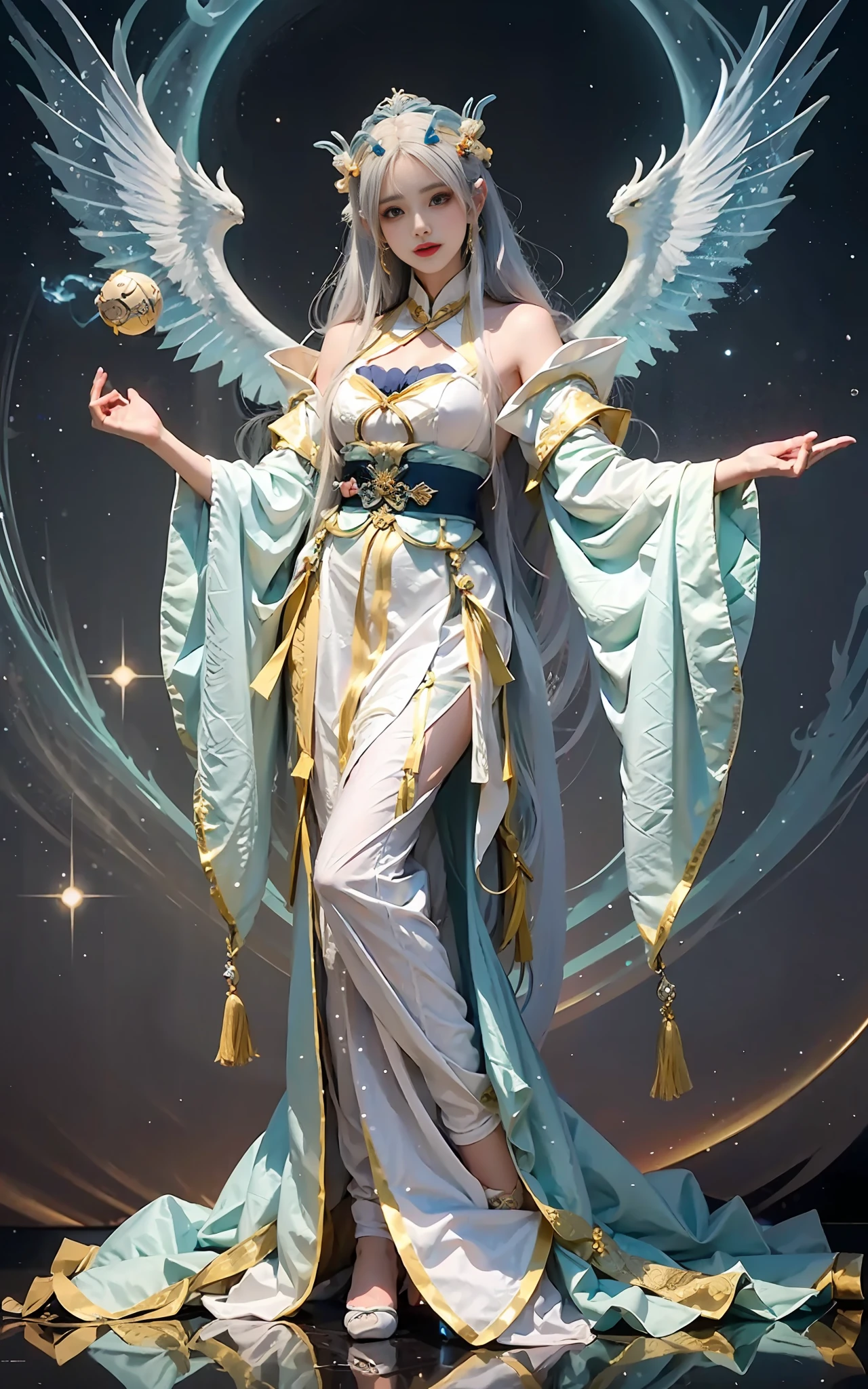 a close up of a woman in a costume on a stage, full body xianxia, beautiful celestial mage, a stunning young ethereal figure, a beautiful fantasy empress, astral witch clothes, sha xi, flowing magical robe, white hanfu, xianxia fantasy, belle delphine, ethereal fantasy, elegant glamourous cosplay, heise jinyao