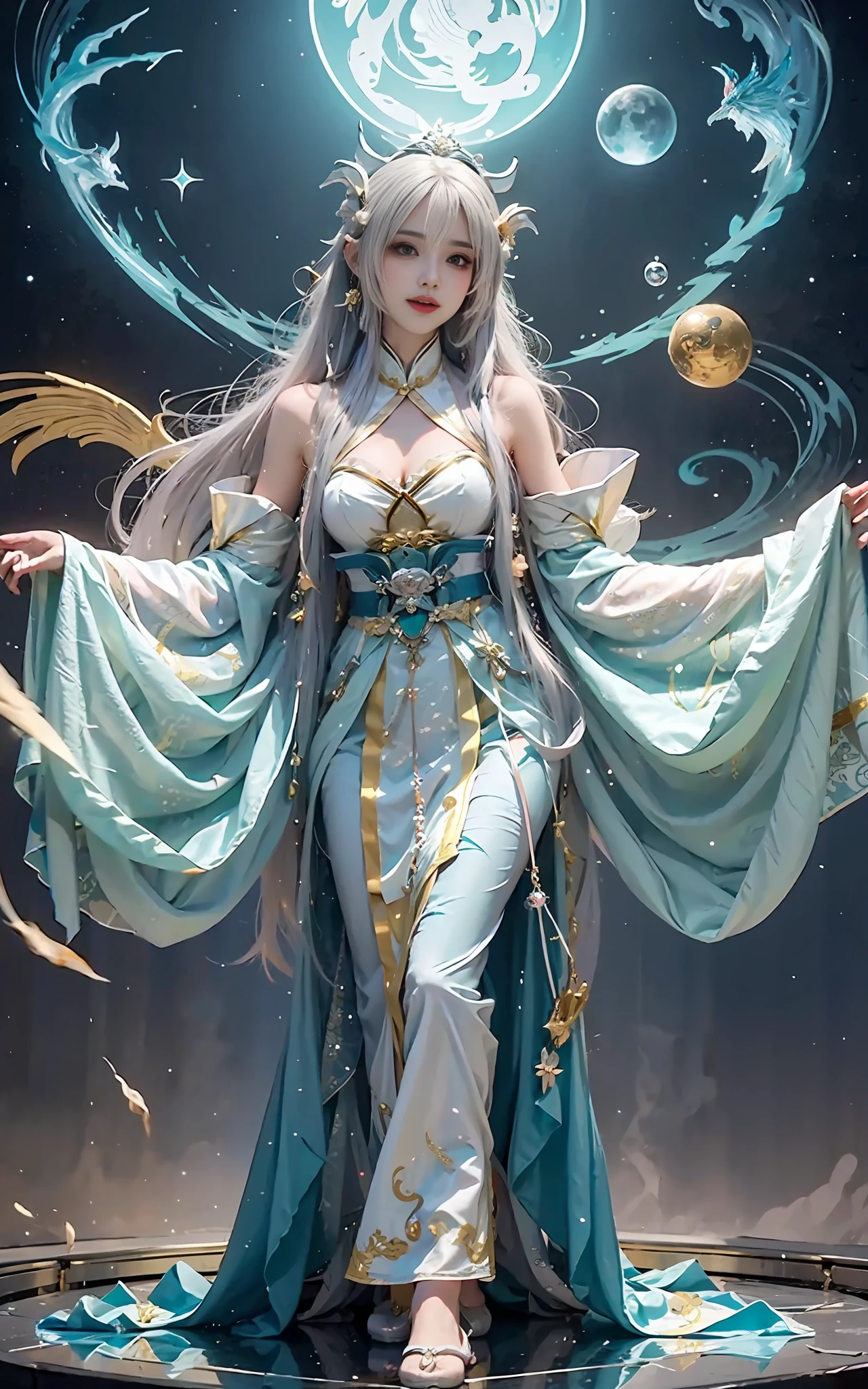 a close up of a woman in a costume on a stage, full body xianxia, beautiful celestial mage, a stunning young ethereal figure, a beautiful fantasy empress, astral witch clothes, sha xi, flowing magical robe, white hanfu, xianxia fantasy, belle delphine, ethereal fantasy, elegant glamourous cosplay, heise jinyao