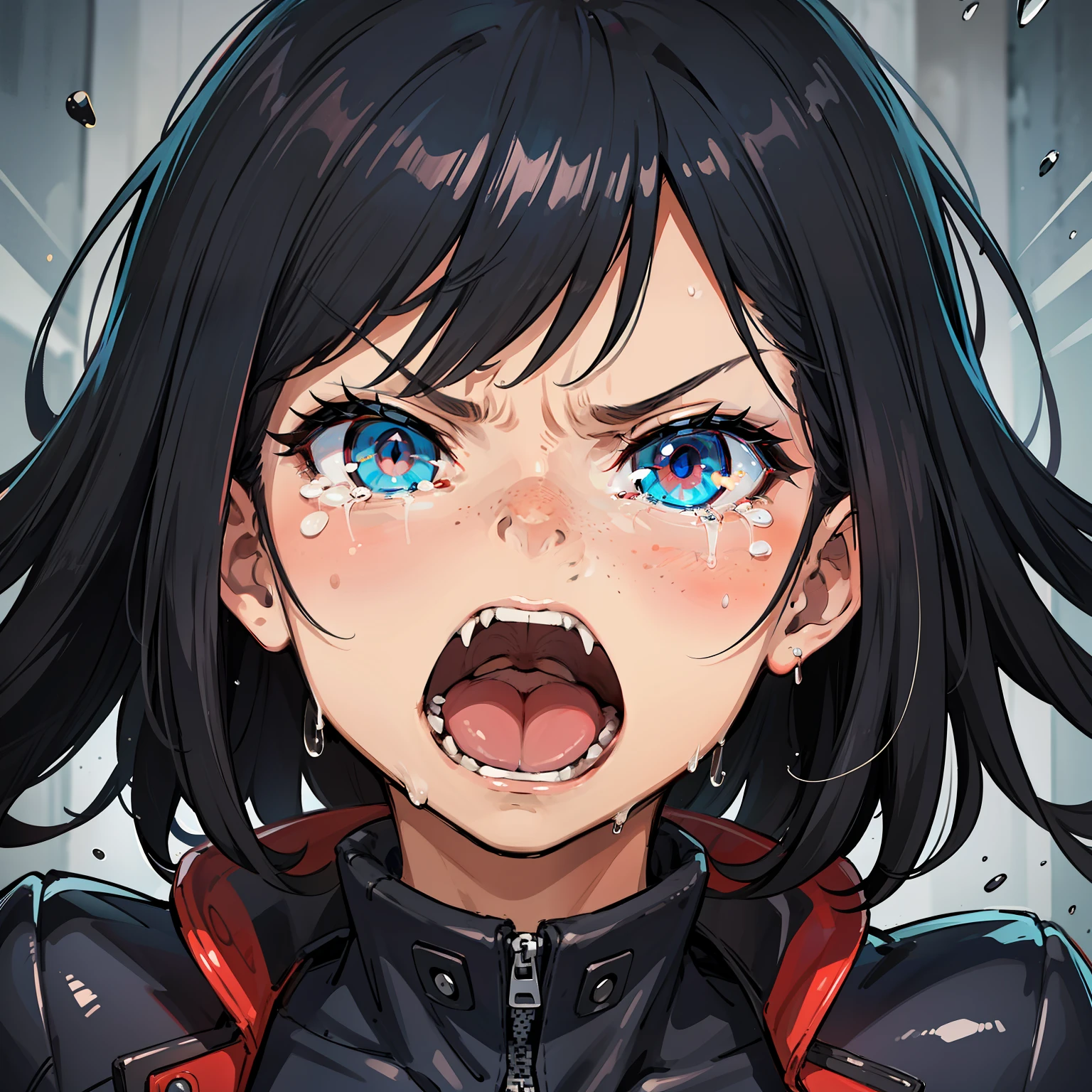 masterpiece, 4k, detailed, extreme detailed, hd, face, glowing eyes, deep colors, deep shadow, grit teeth, beautfiul glowing blue eyes, flowing black hair, thick black hair, milf, freckles, cowboy shot, anger, angry expression scowl, open mouth, yell, tears, crying, rage, fangs,