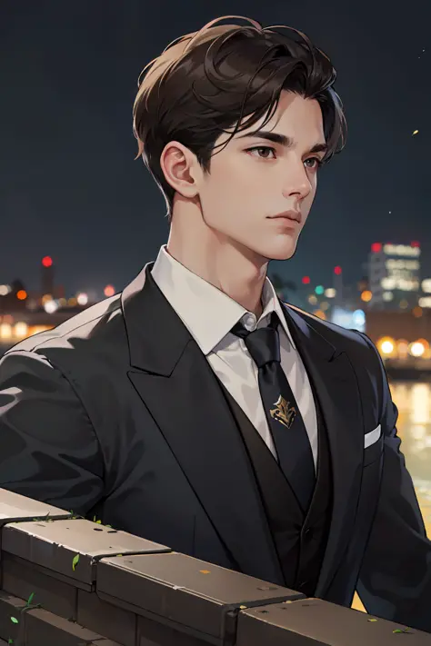 (ridiculous, high resolution, super detailed, realistic,), 1 male, soloist, adult, mature, tall, broad shoulders, handsome, extremely short hair, black hair, brown eyes, angular chin, thick neck, thick eyebrows, night, dark, night city background, formal w...