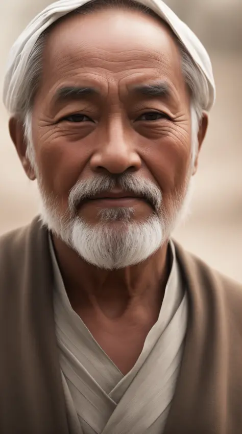 An old man sitting upright，Men，Smile with，Short white hair of the spirit，Medium-sized eyes，upper-body，Portrait photography style，杰作，Ultra-unique to engage in professional digital art，Film Washington，Hyper-realistic，photographs，Supernatural skin texture，Det...