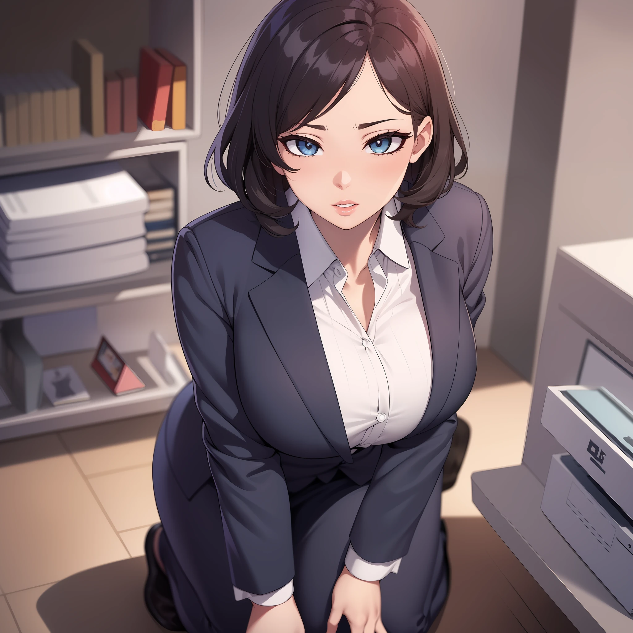 (((sfw))),masterpiece,ultra detailed,4k digital art,shiny skin,close up,beautiful eyes,thick eyeliner,slender face,[round cheeks],small nose,perfect beautiful face,short wavy hair,business suit,,thick lips,24 years old,gigantic breasts,kneeling in the office,