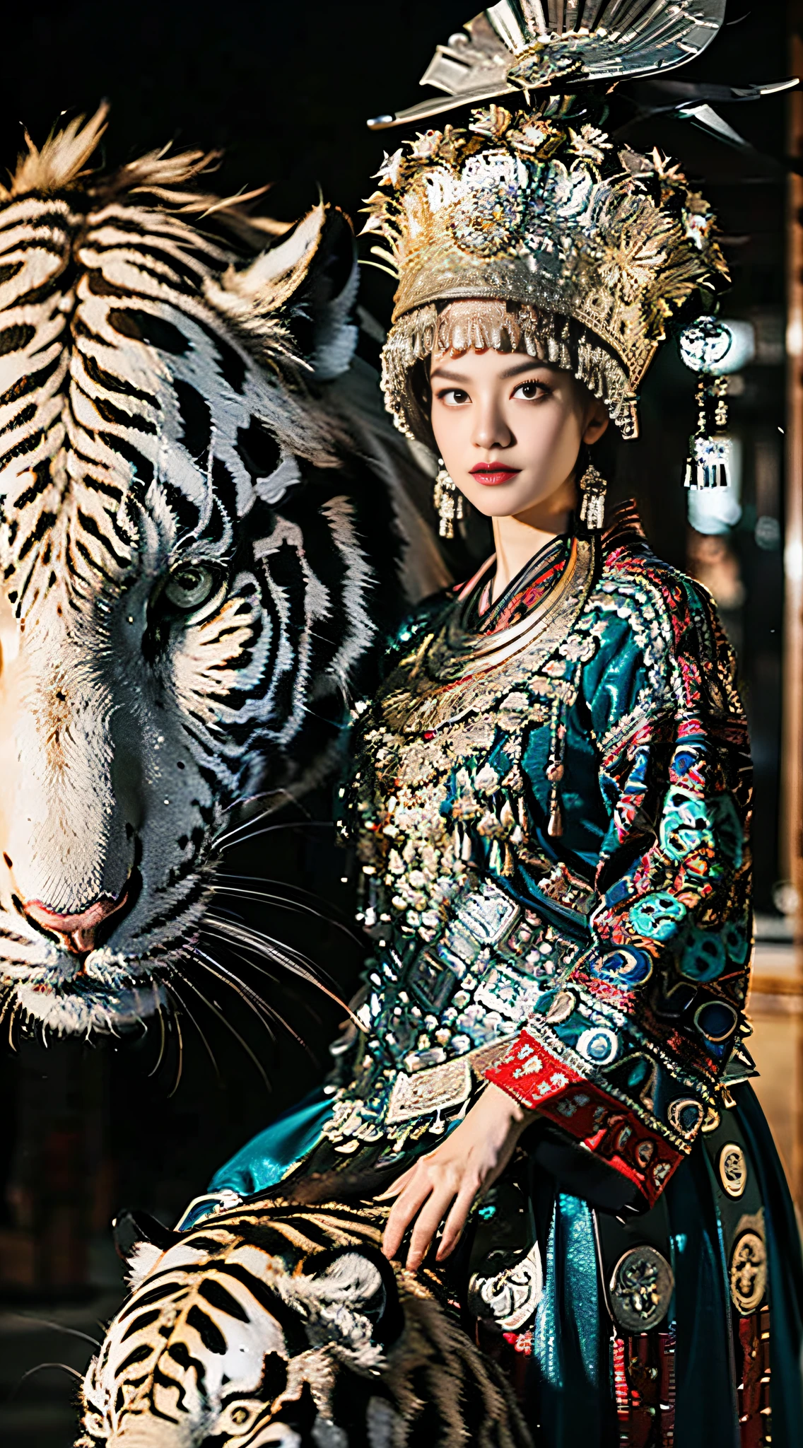 Original photo, ultra-realistic, (masterpiece, 8k UHD, HDR, extremely detailed, intricate details, best quality, professional, vivid colors),

(1 girl wearing costume, big eyes beauty, melon face, beautiful, riding a white tiger), reins, (traditional headdress: 1.2),

((forest view), look at the audience,