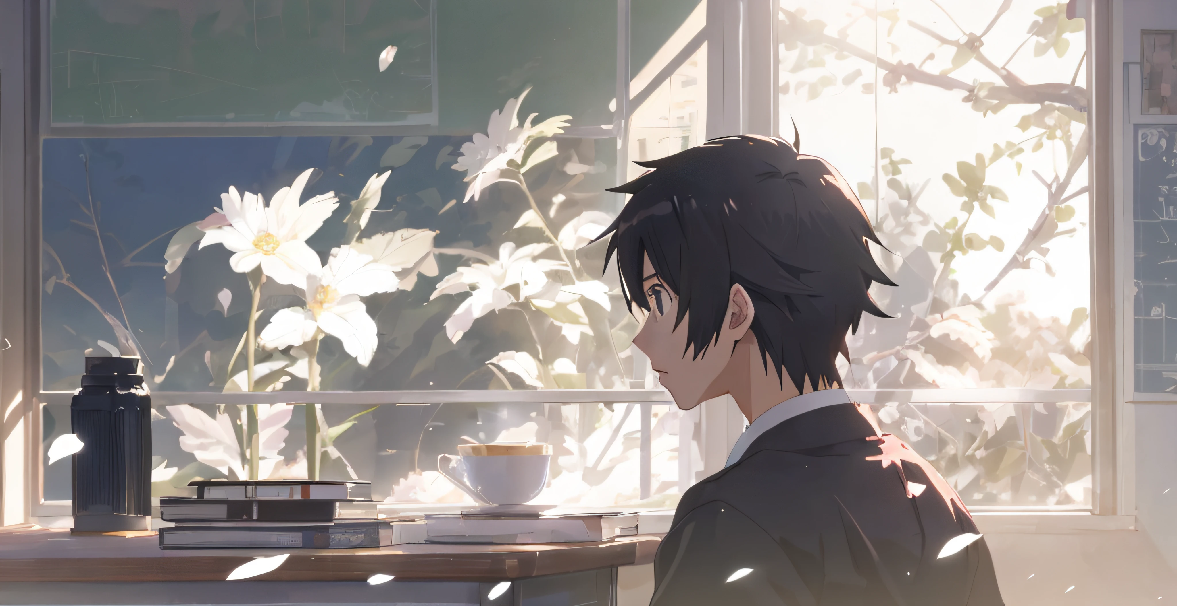 (best quality), (masterpiece), high details, extremely_detailed_CG_unity_8k_wallpaper, man reading in tie, classroom window, white petals, hyperrealism, strong contrast between light and shadow, Makoto Shinkai. —H 2160, Anime Aesthetics, ((Makoto Shinkai)), Makoto Shinkai style, Aesthetic award winning anime, Makoto Shinkai style, Guvitz and Makoto Shinkai style, Makoto Shinkai style