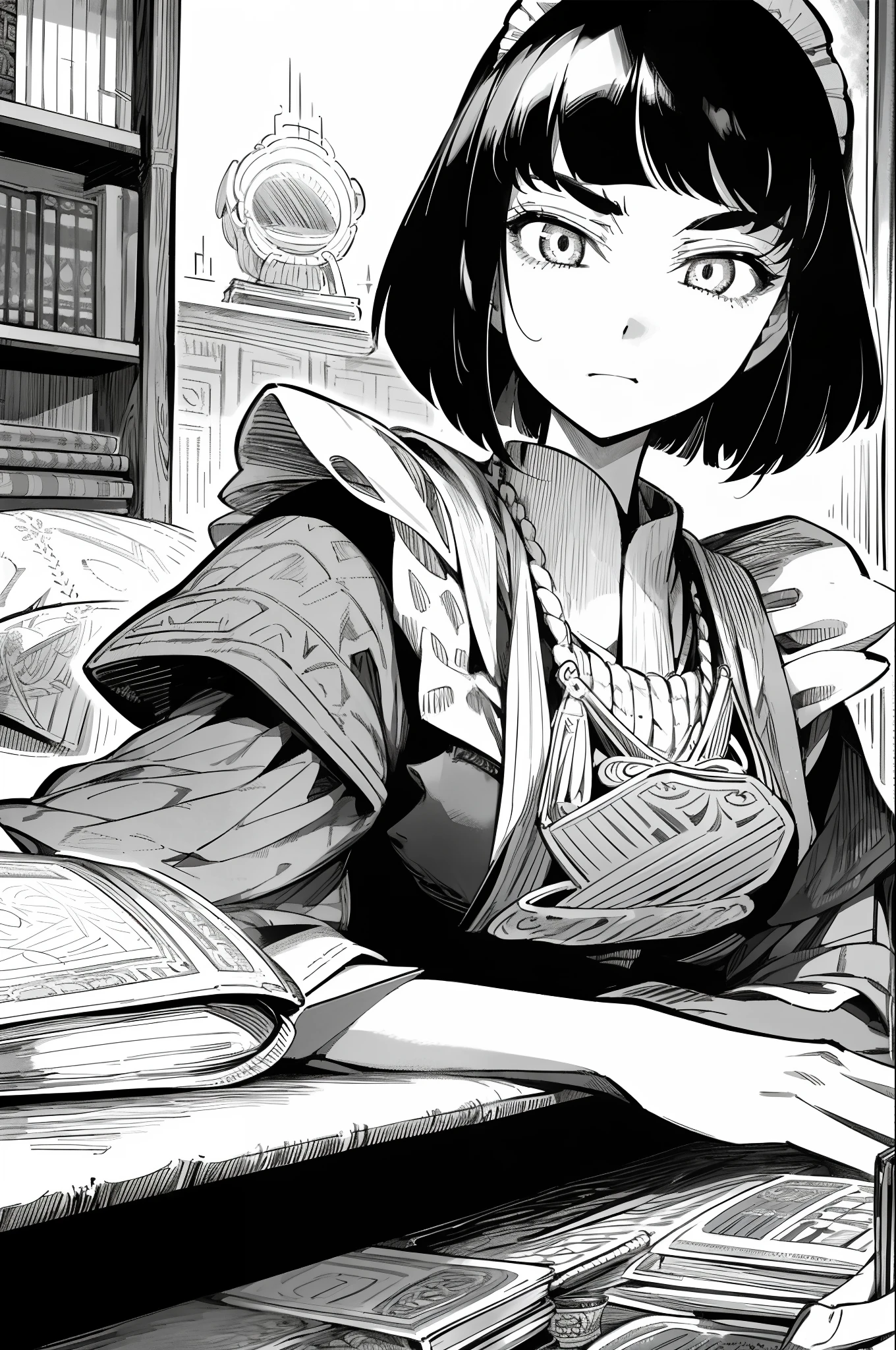 masterpiece, traditional maid, otoyomegatari, 1girl, solo, greyscale, monochrome, halftone, drawing, manga, 
european style, British style, eyeforcus, bob cut,  face focus, bust shot, many book shelf, study room, teacup, front view, lying,