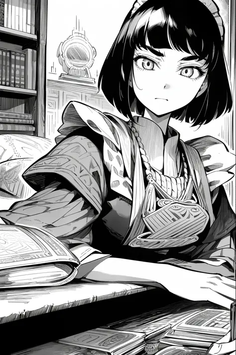 masterpiece, traditional maid, otoyomegatari, 1girl, solo, greyscale, monochrome, halftone, drawing, manga, 
european style, bri...