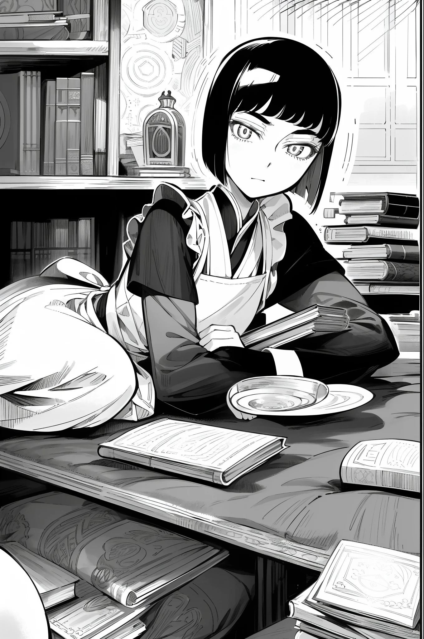 masterpiece, traditional maid, otoyomegatari, 1girl, solo, greyscale, monochrome, halftone, drawing, manga, 
european style, British style, eyeforcus, bob cut,  face focus, bust shot, many book shelf, study room, teacup, front view, lying,