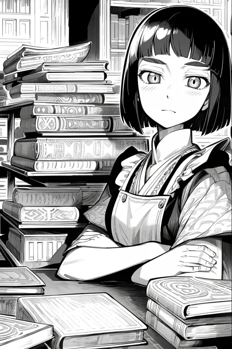 masterpiece, traditional maid, otoyomegatari, 1girl, solo, greyscale, monochrome, halftone, drawing, manga, 
european style, bri...