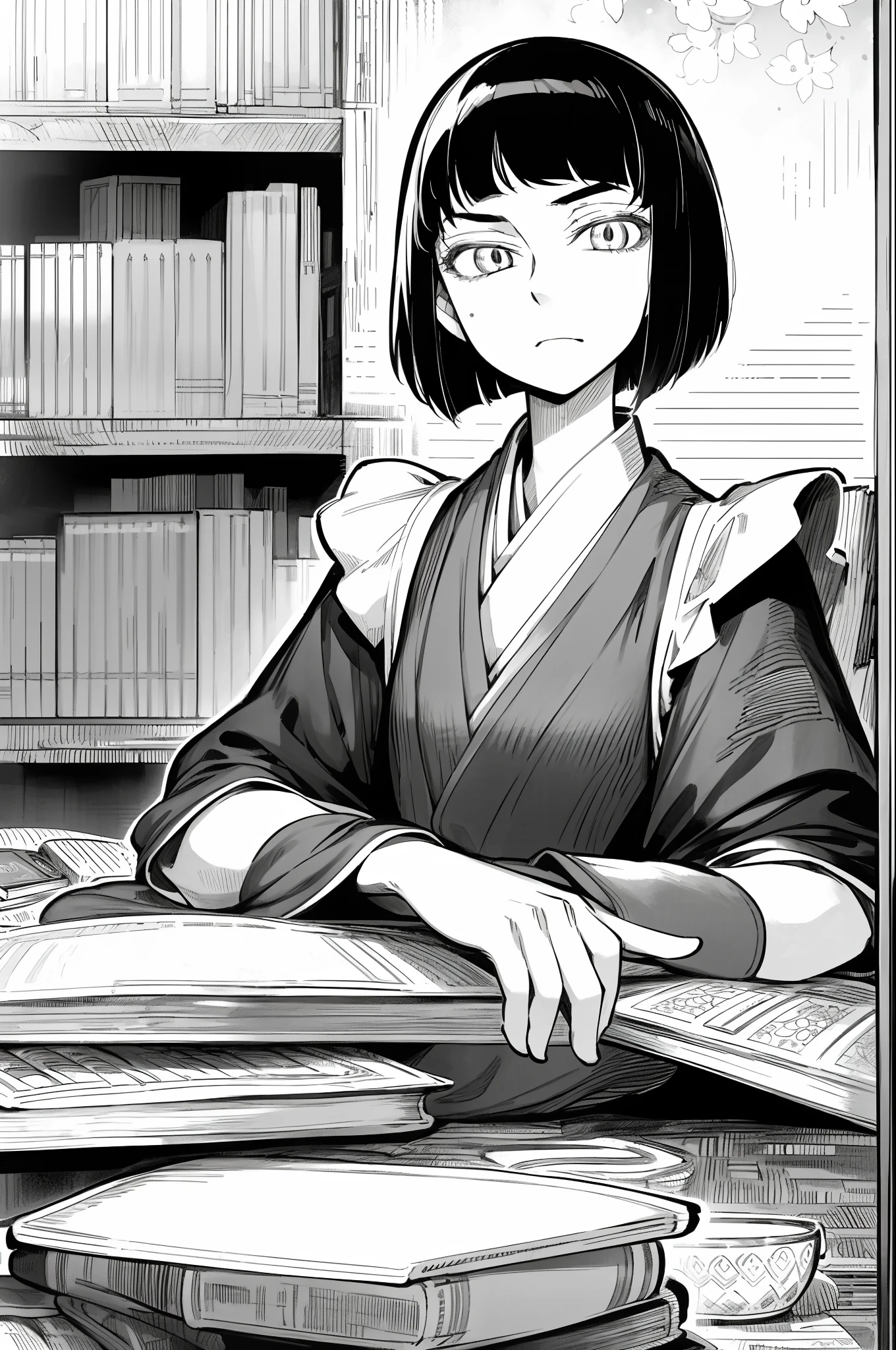 masterpiece, traditional maid, otoyomegatari, 1girl, solo, greyscale, monochrome, halftone, drawing, manga, 
european style, British style, eyeforcus, bob cut,  face focus, bust shot, many book shelf, study room, teacup, front view, lying,