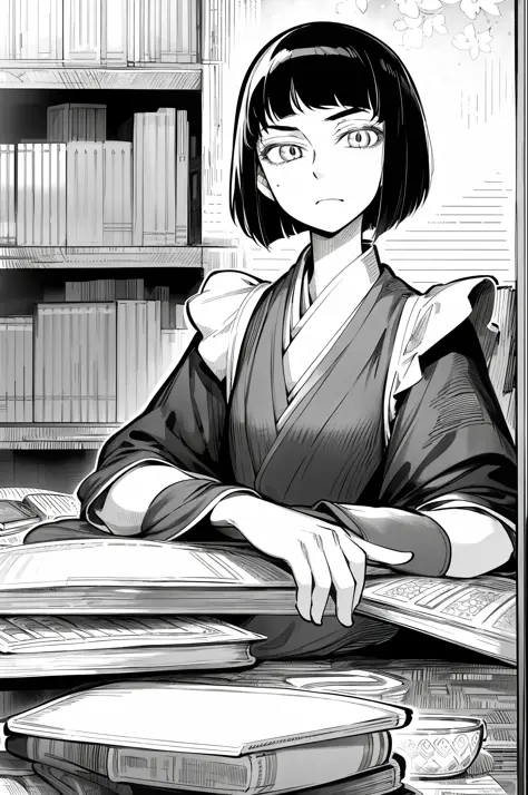 masterpiece, traditional maid, otoyomegatari, 1girl, solo, greyscale, monochrome, halftone, drawing, manga, 
european style, bri...