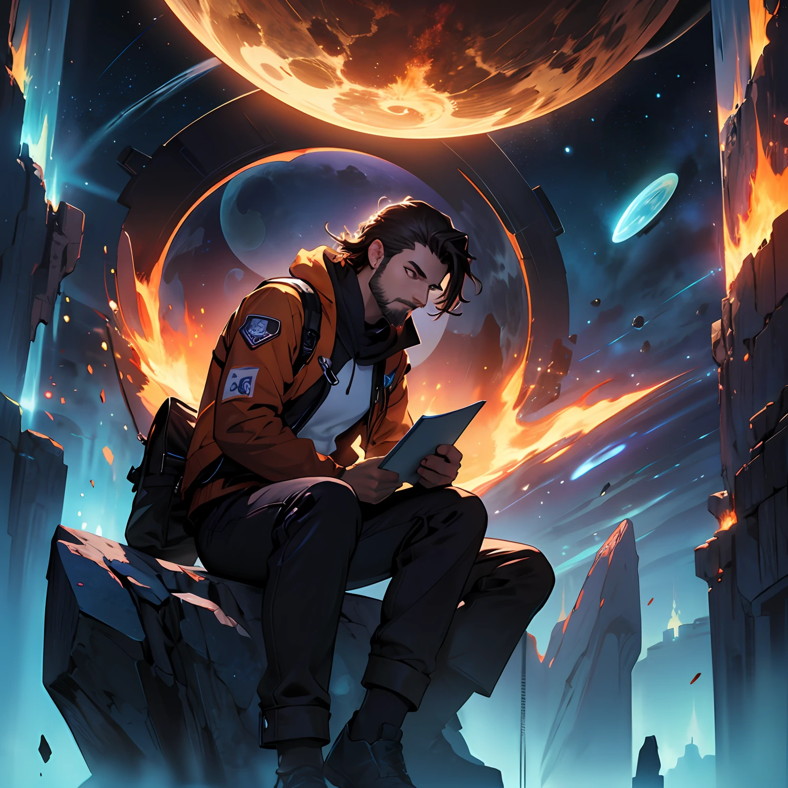 Draw a young programmer, sitting on a research platform floating in the middle of an asteroid belt. He is studying with a notebook, surrounded by several asteroids glowing with fiery auras. Dramatic lighting from distant stars and planets illuminates the scene, casting deep shadows on the suit. The young man looks confident and determined, looking at the vast and mysterious universe with wonder and respect,facial hair, cowboy shot, --auto