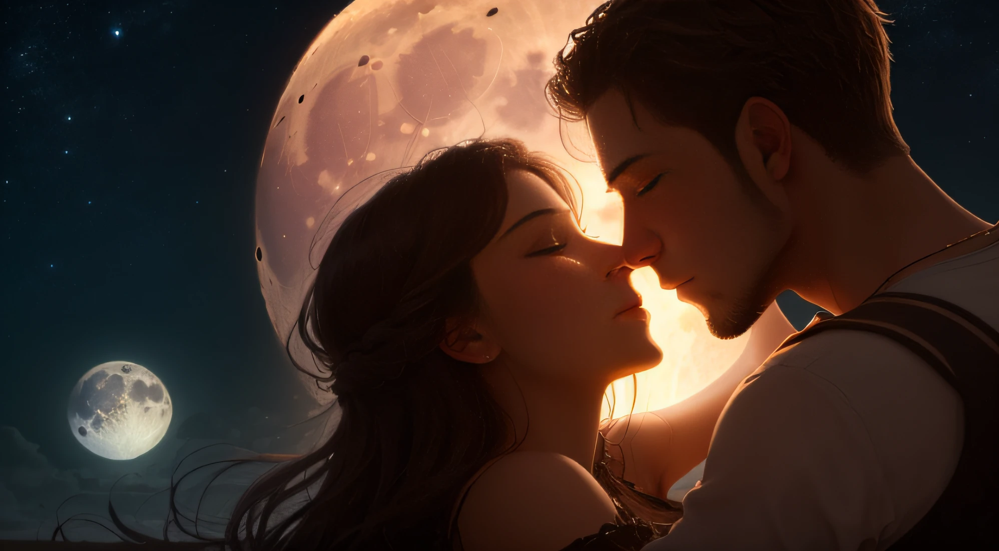 A man and woman are kissing in front of the moon - SeaArt AI