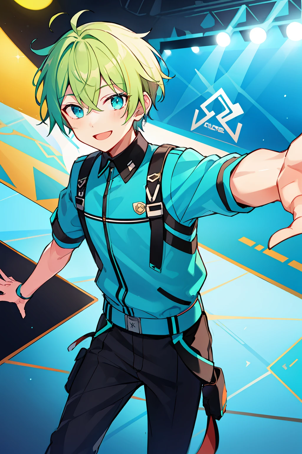 (high-quality, breathtaking),(expressive eyes, perfect face), 1boy, male, solo, short, young boy, short greenish blonde hair, teal eyes, smile, neon teal cyber outfit, pants, on stage