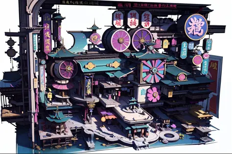 Game Academy，Ethno-style architecture，Ancient Chinese，game icons，（Future science fiction，neon lit，The cyberpunk，Hologram aura、Pa...