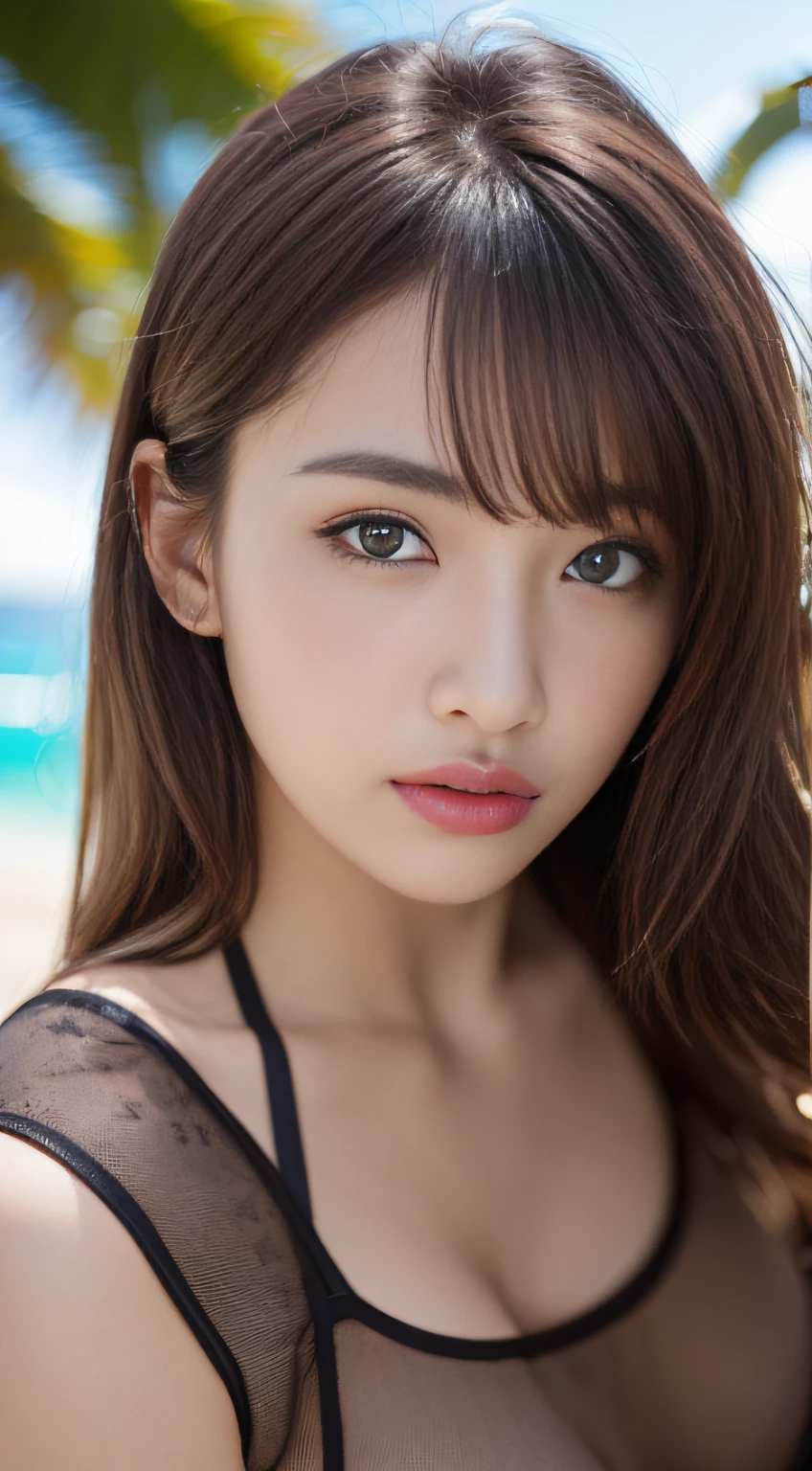 ((Realistic lighting、beste Quality、8K、Master Masterpiece:1.3))、Clear focus:1.2、 a  girl、Perfect Body Beauty:1.4、Slim abs:1.1、a whole body、((darkbrown hair、a large breast:1.3))、(Acceleration:1.4)、(al fresco、Daylight:1.1)、View of Waikiki Beach、Palm Tree、slender face、Fine eyes、Double eyelidd、poses of fashion models、Floating hair、T‐shirt、Pendants、