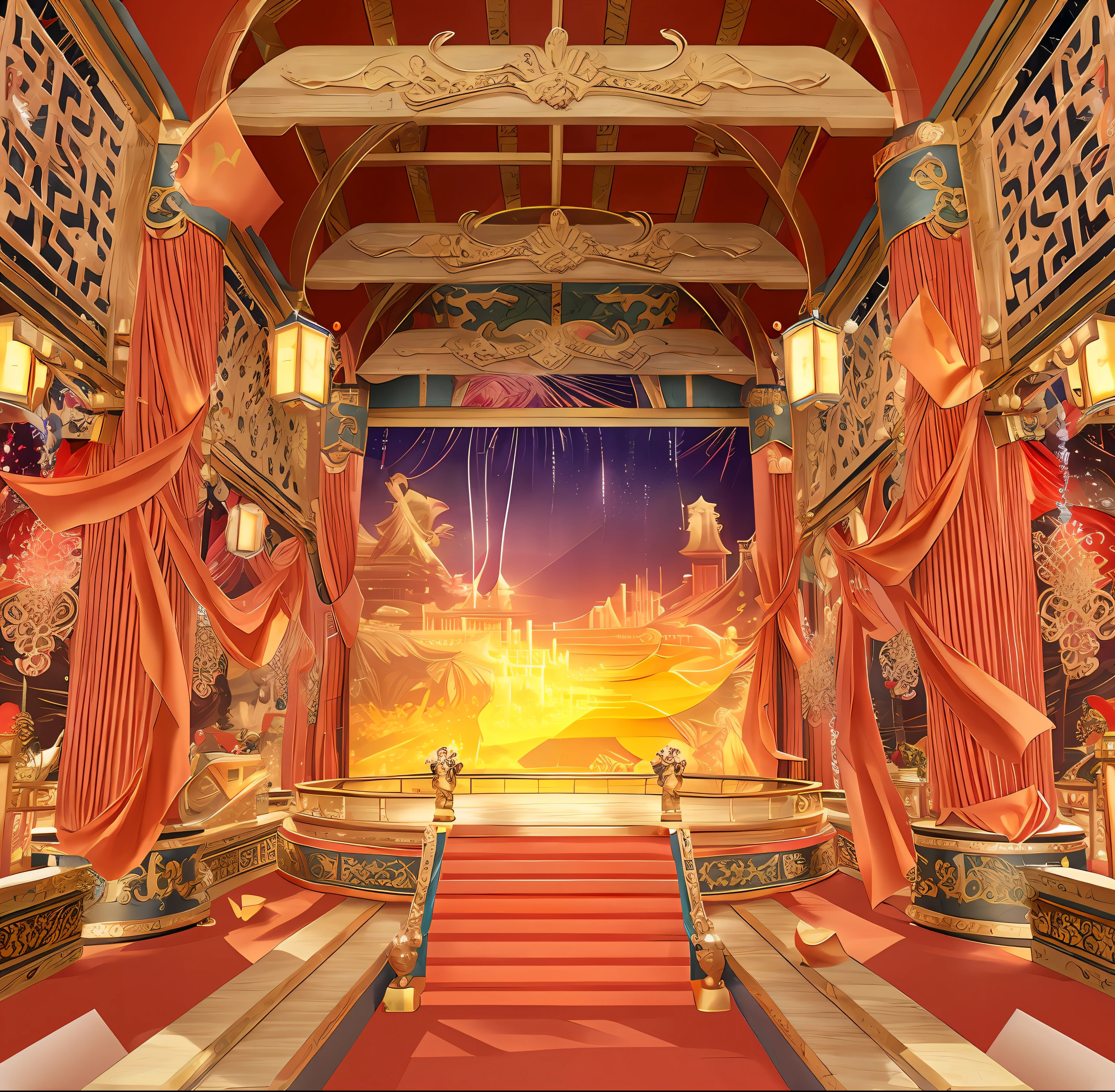 Arafed Blick auf eine Bühne mit einem Bühnenvorhang und einem Bühnenvorhang, Rendering eines Schönheitswettbewerbs, Wunderschöne Darstellung der Tang-Dynastie,  dekadenter Thronsaal,  Hintergrund Art-Deco-Palast,