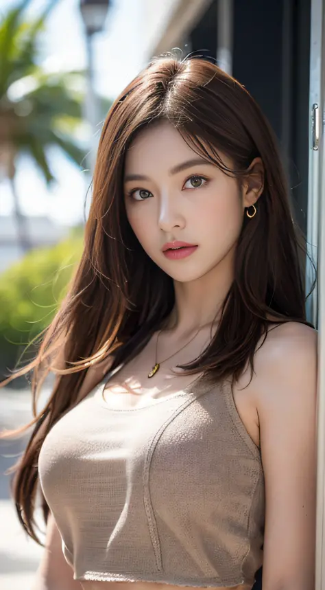 ((Realistic lighting、beste Quality、8K、Master Masterpiece:1.3))、Clear focus:1.2、 a  girl、Perfect Body Beauty:1.4、Slim abs:1.1、a whole body、((darkbrown hair、a large breast:1.3))、(Acceleration:1.4)、(al fresco、Daylight:1.1)、View of Waikiki Beach、Palm Tree、slen...
