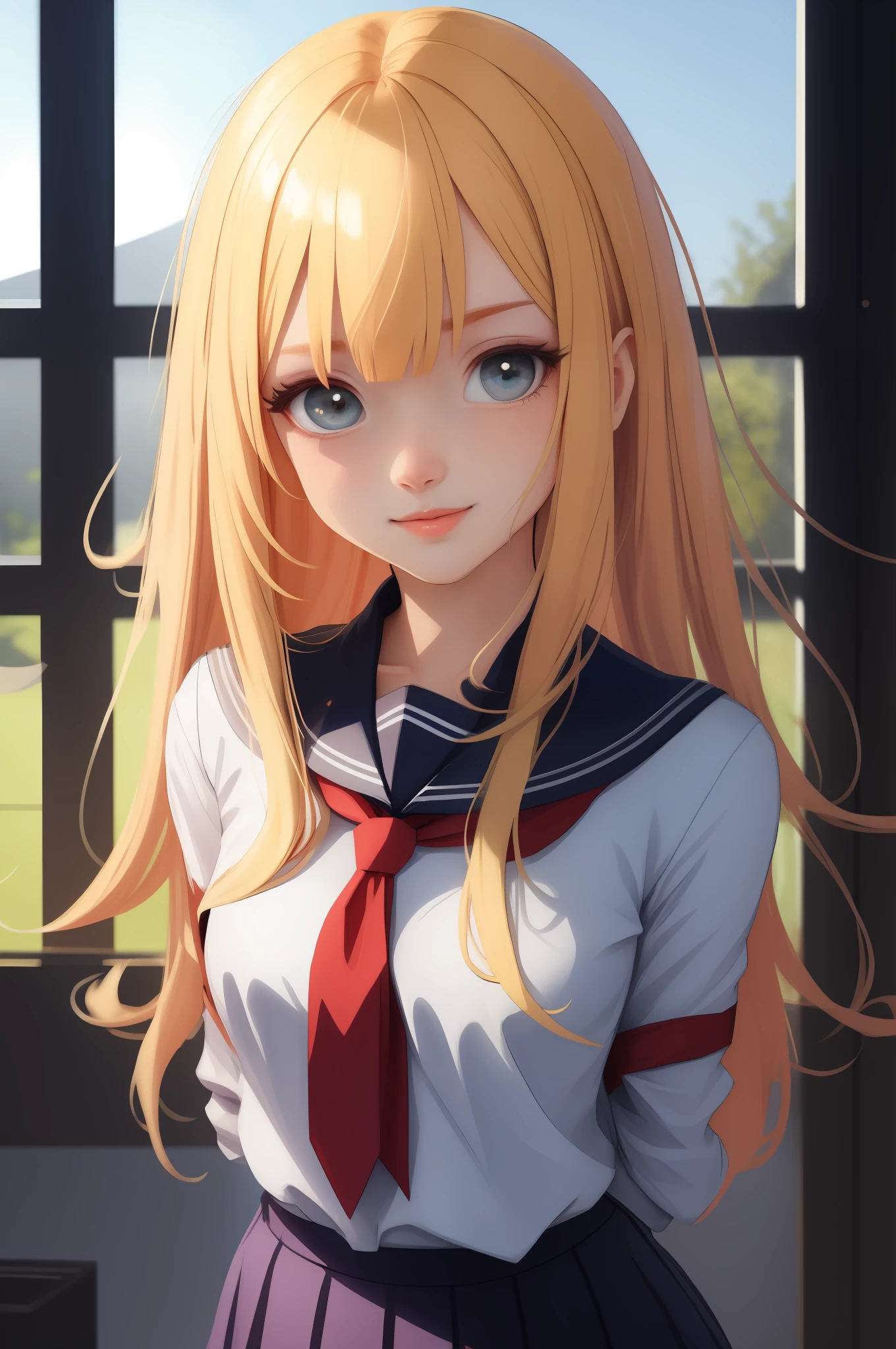 Bound arms, arms behind back, highly resolution, best qualitiy, illustration, Ultra detailded, (Detailed face), (Detailed eyes), Soft lighting, Best Quality, hyper-detail, Masterpiece, Looking at Viewer, Smile, 1girls, Solo, Blonde hair, Small breasts, School Uniform, Skirt, (Colorful), Upper body, The Hut, Window, Night, Moon,Giant tits