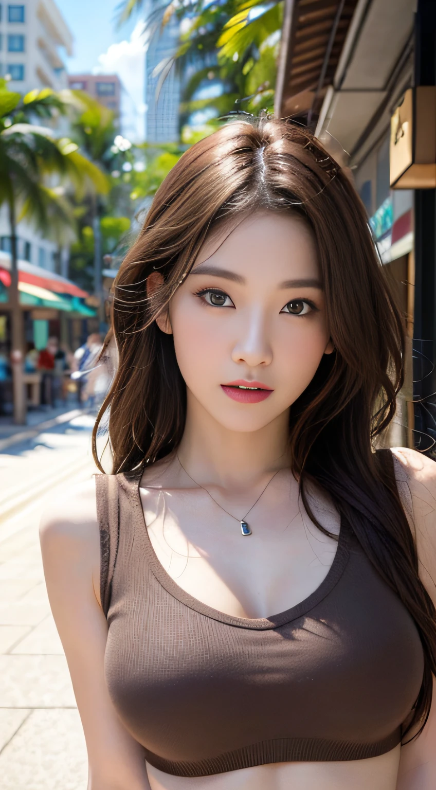 ((Realistic lighting、beste Quality、8K、Master Masterpiece:1.3))、Clear focus:1.2、 a  girl、Perfect Body Beauty:1.4、Slim abs:1.1、a whole body、((darkbrown hair、a large breast:1.3))、(Acceleration:1.4)、(al fresco、Daylight:1.1)、View of Waikiki Beach、Palm Tree、slender face、Fine eyes、Double eyelidd、poses of fashion models、Floating hair、T‐shirt、Pendants、Shyness