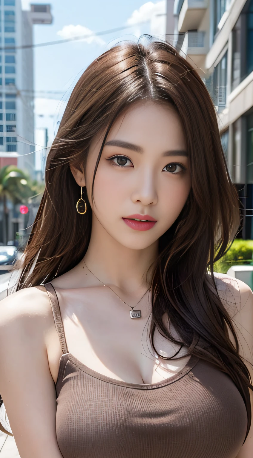 ((Realistic lighting、beste Quality、8K、Master Masterpiece:1.3))、Clear focus:1.2、 a  girl、Perfect Body Beauty:1.4、Slim abs:1.1、a whole body、((darkbrown hair、a large breast:1.3))、(Acceleration:1.4)、(al fresco、Daylight:1.1)、View of Waikiki Beach、Palm Tree、slender face、Fine eyes、Double eyelidd、poses of fashion models、Floating hair、T‐shirt、Pendants、Shyness